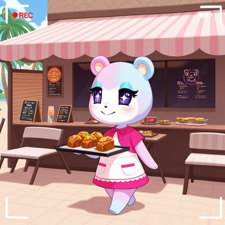best quality, masterpiece, Full Body, Romantic, Small, Body, Furry, judyac, animal crossing, 1girl, solo, furry, bear, two-tone fur, light pink fur, light blue fur, white muzzle, purple eyes, star pupil, blush, blue eyeshadow, pink dress, beach, restaurants, serving food, carry tray, walking, outside lobby, board walk, beach chair, beach table, umbrella, recording, sign of buzz, sign said buzz food menu, sign writing say buzz, smile,