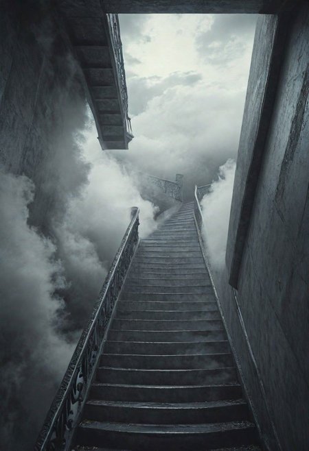 A surreal depiction of the quest for equality, represented by a vast, ((endless staircase winding through the clouds)), with diverse people climbing together toward a shining, elusive doorway at the top. The scene blends elements of fantasy and reality, with barriers along the path symbolizing various social obstacles. The mood is hopeful yet challenging, with ethereal lighting and symbolic motifs scattered throughout.  <lora:add-detail-xl:1>