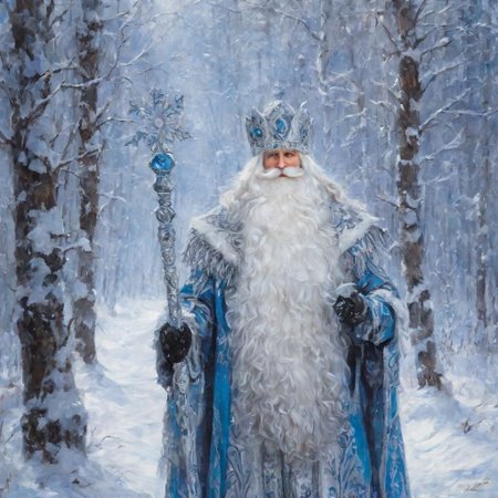 DedMoroz solo,long beard, 1boy,  elderly, looking at viewer, walking through the snowy forest, holds a staf, magic atmosphere,insane detailed, perfectly drawing hands, <lora:DedMoroz:1>