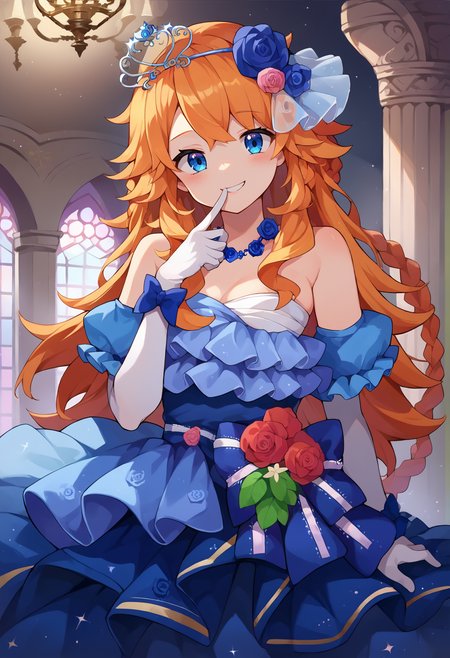 score_9, score_8, score_7_up, hd, (ultra hd quality details), source_anime, indoors, chandelier,
solo, 1girl, medium breasts,
gibarae, orange hair, otgbecind, braid, hair flower, blue rose, tiara, blue dress, layered dress, necklace, strapless, bare shoulders, white gloves, elbow gloves, red flower,
looking at viewer, blush, smile, head tilt,
standing, upper body, finger to mouth,
<lora:_otogibara_era-elesico-pony:1>