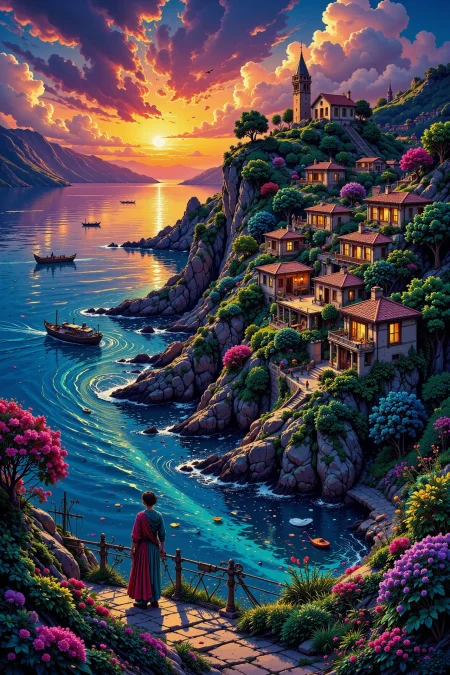 village coast beautiful  landscape, dusk, woman, very intricate, very detailed, sharp, bright, colorful, <lora:Hand v2:0.5> <lora:Anti-Blur:1><lora:Insane Detail Slider:0.25>  <lora:flux.1_lora_flyway_Epic-detail_v2:0.3> <lora:fluxenhancer:0.25> <lora:ck-Neon-Retrowave:0.4> ck-rw, in the style of ck-rw,  <lora:Neurocore Anime Cyberpunk:0.8> A digital artwork in the style of cknc