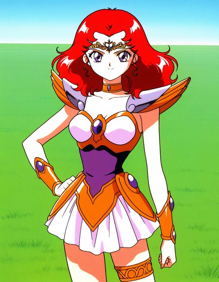 general,highres, ultra-detailed,very aesthetic,best quality ,best hands,  BREAK <lora:Scarlett_ohara_IS:1> Scarlett_ohara, 1girl,solo, red hair, long hair, purple eyes, breasts, 1990s (style), anime coloring, 
 choker, armor, 1990s (style), skirt, hand on hip, smile, tiara, jewelry, magical girl, thighlet, white skirt, miniskirt, thigh strap, armored dress, bracer, shoulder armor, blue eyes, looking at viewer, short hair, pauldrons, cowboy shot
day, say,  grass,