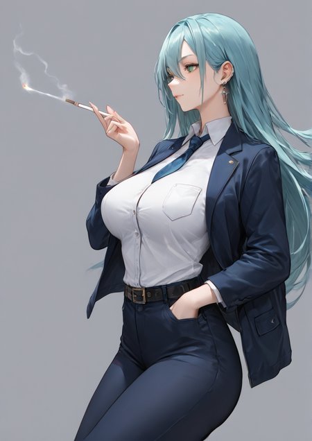 1girl, hikawa sayo, huge breast, aqua hair, belt, black belt, blue jacket, blue necktie, blue pants, character name, cigarette, collared shirt, ear piercing, earrings, floating hair, formal, from side, green eyes, grey background, hair between eyes, hand in pocket, jacket, jewelry, lighter, lighting cigarette, long hair, long sleeves, necktie, pants, piercing, shirt, solo, suit, white shirt,zPDXL3 <lora:GoldenMiocola:0.8>