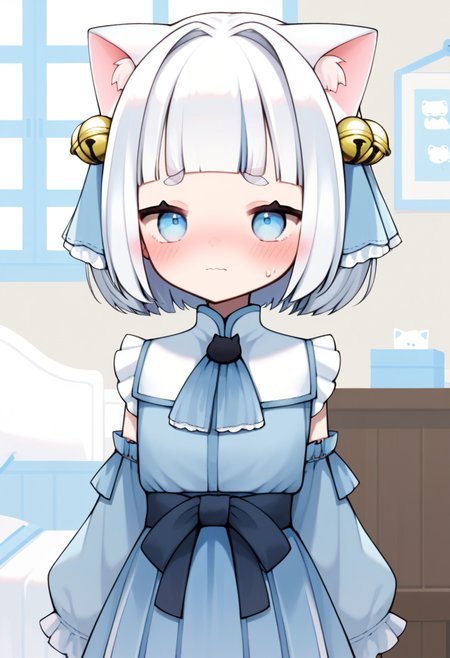 score_9, score_8_up, score_7_up, source_anime, 1girl, kasii, <lora:Kasii:1>, looking at viewer, embarrassed, blush, blue dress, indoors, white hair, cat ears, cowboy shot, thick eyebrows, round eyebrows, feet out of frame, bells, solo, white eyebrows,