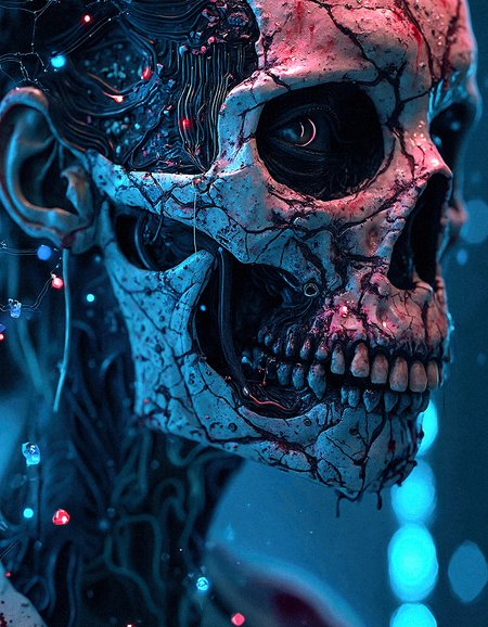 an ultra realistic depiction close-up of a woman’s face, adorned with a terrifying skeletal mask dripping with oil and blood. The mask, fused to her skin, is laced with neon circuitry that glows in electric blue and magenta. The circuitry appears to be part of her anatomy, snaking down her neck and disappearing into her flesh, as if it’s pumping digital energy into her being. Her intense gaze, highlighted by a glowing blue eye, contrasts with the dark, synthetic hues of her surroundings. The background is a cacophony of neon lines and digital symbols, suggesting an advanced cybernetic network that envelops her, reflecting her connection to the matrix.








