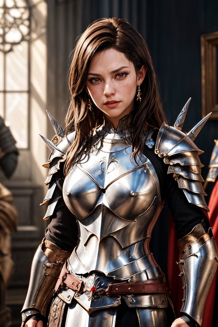 a portrait of a female paladin adorned in holy armor, spiked armor,  standing, intricate background, fantasy, lifelike, 
masterpiece, best quality, intricate detail, high background detail, high contrast,   <lora:emotion_angry_slider_v1:1> raytracing,  <lora:backlight_slider_v10:1> <lora:contrast_slider_v10:2>,  <lora:skin_slider_v10:0.5>