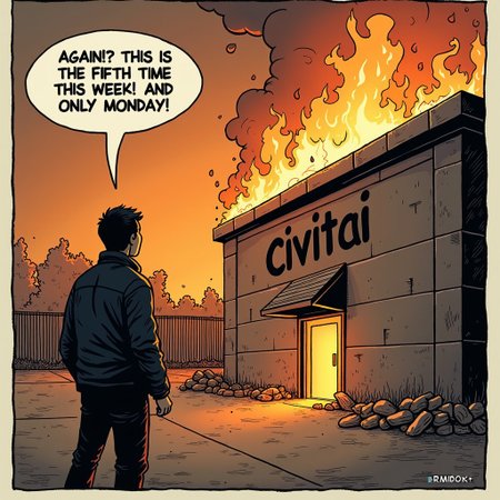 Create an image in the style of a comic about a man looking at a burning "Civitai" building and saying to himself "AGAIN!? THIS IS THE FIFTH TIME THIS WEEK! AND IT'S ONLY MONDAY!"