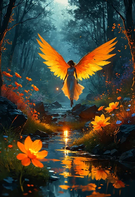 concept art In a realm of perpetual twilight, where shadows dominate the landscape and the remnants of a shattered world lie scattered, an overwhelming sense of sadness and despair permeates the air. Yet, in this forsaken land, a bright, lonely light cuts through the darkness, illuminating a secluded glade where glowing flowers bloom with an unearthly light. These flowers, vibrant and radiant, stand in stark defiance of the encroaching gloom. Hovering above them, a creature of light with luminescent wings and a halo-like glow moves gracefully, its presence infusing the scene with a sense of hope and the promise of renewal despite the pervasive desolation<lora:add-detail-xl:1> <lora:MJ52:0.5>  <lora:sss:0.5> <lora:zavy-flrscnc-sdxl:0.3>, impasto painting art style, thick and textured brushwork, vibrant colors, tactile quality, expressive strokes, dynamic compositions, bold contrasts, dramatic lighting effects, immersive texture, professional-grade finish, adds depth and dimension, creates visual interest . digital artwork, illustrative, painterly, matte painting, highly detailed