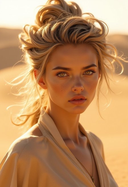 Create a hyper-realistic, professional-quality photograph of a young woman with skin tones resembling the soft, warm hues of sand dunes, ranging from beige to golden brown. Her face has subtle, grainy textures like sand, adding an earthy, natural feel to her look. Her hair is sculpted into an intricate, surreal style resembling wind-swept sand formations, with strands twisted and layered in swirling patterns that mimic the waves and ridges of desert dunes. Her eyes are a striking amber, glowing like sunlight on a vast desert, giving her an intense, mysterious gaze.
Her clothing is modest and crafted from light, sandy fabrics that flow and blend with her surroundings, resembling layers of silk or fine desert dust. The scene is set in an expansive, golden desert, with rolling dunes stretching into the horizon and the soft light of a setting sun casting long shadows across the sand. Gentle wind sweeps through, lifting grains of sand that dance around her, adding movement and life to the composition. The natural lighting enhances the warm tones of her skin and the intricate detail of her sand-inspired hairstyle, creating an otherworldly, ethereal image that embodies the beauty and vastness of the desert