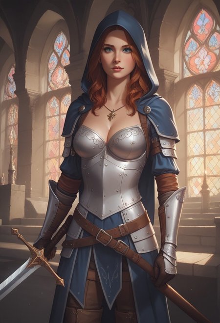 8k resolution, score_9, score_8_up, score_7_up, 22 years, Expressiveh, medieval fantasy, single a sexy brown hair blue eyes girl, big perfect breasts, perfect face, long and hourglass body, detailed eyes, semi realistic, girl heavy armor, sheathed sword, standing, medieval fantasy castle armory, hood down