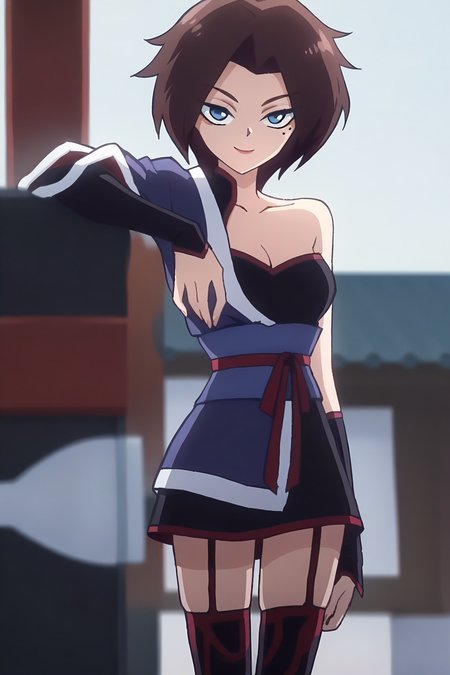 <lora:meihuashiyi:1>,meihuashiyi,1girl,solo,blue eyes,mole under eye,brown hair,short hair,parted bangs,
single bare shoulder,cleavage,collarbone,meihuashiyi,thighhighs,garter straps,japanese clothes,
looking at viewer,smile,, masterpiece,best quality,amazing quality,absurdres, anime screenshot, lazypos ,