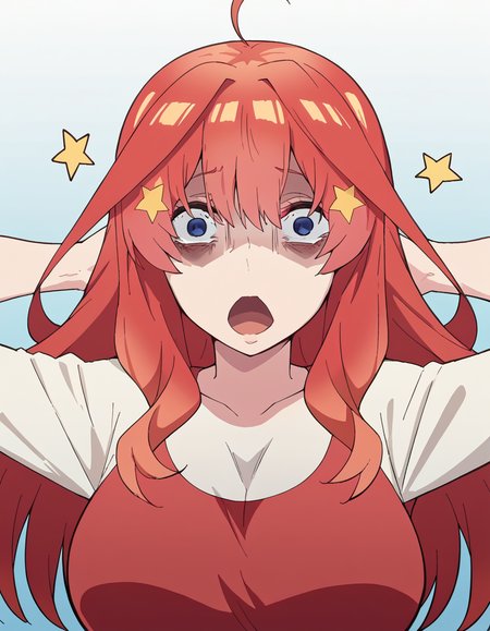 score_9, score_8_up, score_7_up, source_anime, <lora:itsuki-nakano-s2-ponyxl-lora-nochekaiser:1>, itsuki nakano, bangs, blue eyes, hair between eyes, ahoge, red hair, star (symbol), hair ornament, star hair ornament, mature female, large breasts, <lora:shocked-black-guy-ponyxl-lora-nochekaiser:1> shocked black guy, open mouth, looking at viewer, hands behind head, shaded face,, , ,