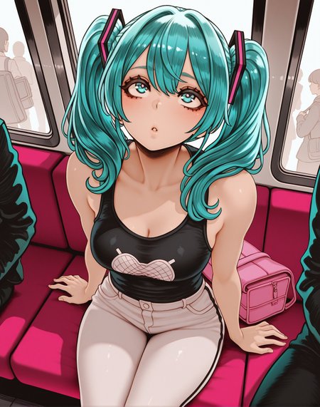 <lora:_Magion02_NAIXL:1> art by Magion02, score_9, score_8_up, score_7_up, best quality, masterpiece, uncensored, A girl Hatsune Miku with aqua hair styled in two ponytails sitting on a blue suitcase. She is wearing a black tank top and white pants and has a pink bag slung over her shoulder. The girl is holding a map and a camera and looking up at something in the distance. In the background there are several people walking around.