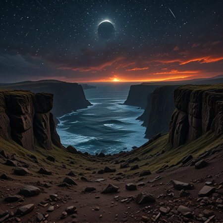 A desolate, apocalyptic landscape unfolds before us, where a circle of giant+++ stone heads+++ like easter island Rapa Nui against the ominous backdrop of an eclipse. The sun, once radiant, now hangs in a fiery ring, shrouded by darkness. Above, stars twinkle like diamonds scattered across the inky canvas of night. From our vantage point on the hillside, the town's silhouettes stand out against the surreal tableau, as if suspended between day and night.