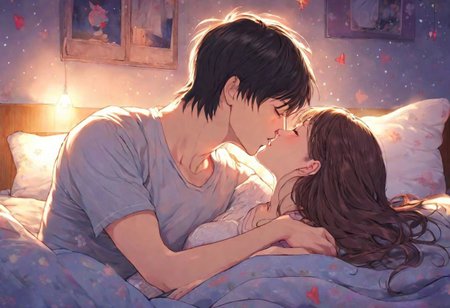cute, best quality, 1girl, 1boy, kiss, on bed, bed room, night,