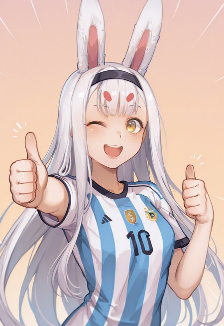 Lazypos, simple gradient background, ShimakazeIL, yellow eyes, white hair, bunny ears, long hair, extended arm, sportswear, soccer uniform, argentina,  focus on upper body, open mouth, smile, happy, wink, impact lines, ok sing, thumbs up towards viewer, 1girl, solo