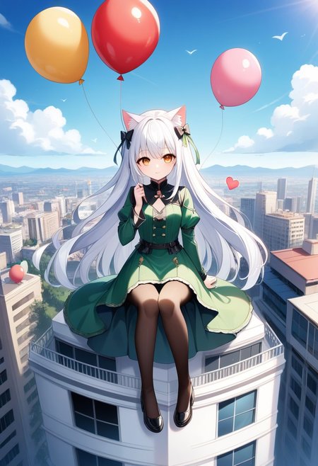 (masterpiece), (score_9, score_8_up, score_7_up,source_anime), best quality, ultra-detailed,24K, illustration, (Uncorrected), CG, 
Latex, girl and cat, holding umbrella, animal cat, cat focus,  
Multiple balloons, huge balloon, (heart-shaped ballons:1.2). 
(Girl sitting on balloons, floating, white hair, ultra-long hair, amber eyes, ultra-detailed eyes:1.2), green dress, jacket, pantyhose, leather shoes, 
in Rooftop of Skyscraper, modern city, Skyscraper,