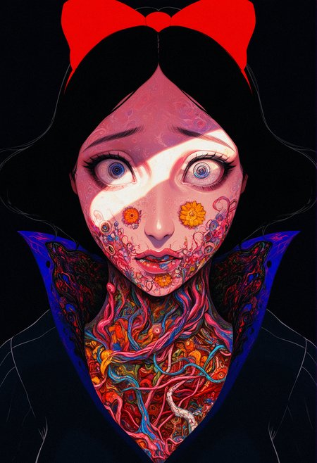 very awa, digital art, abstract,  surreal, psychedelic, 1girl, snow white \(disney\), intense expression, close-up, body horror,  [masterpiece:0.15], [best quality:0.15], [newest:0.15], [absurdres:0.15]