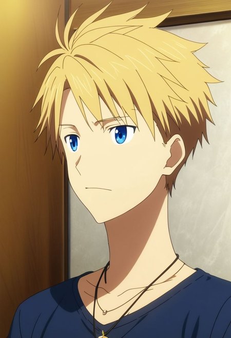 high resolution, solo, best quality, 1Boy, Yamato Ishida, Blond Hair, Blue Eyes, Necklace, existential longing, isekai, OverallDetail