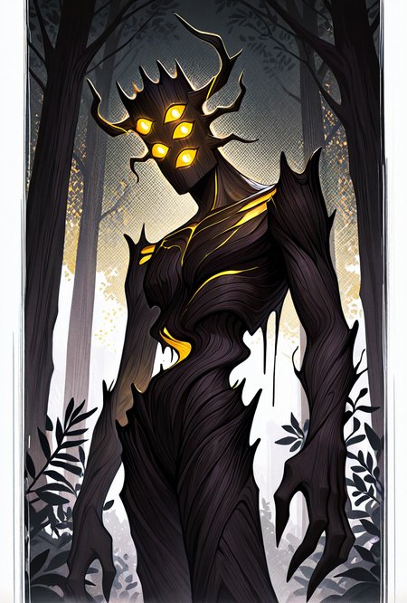 <lora:creaking-10:1> creaking, no humans, standing, monster, glowing eyes, yellow eyes, solo, extra eyes, plant, yellow sclera, horns, creature, tree, horns, masterpiece, best quality, amazing quality, very aesthetic, absurdres, newest,, upper body, halftone effect, white borders, abstract background:1.2,