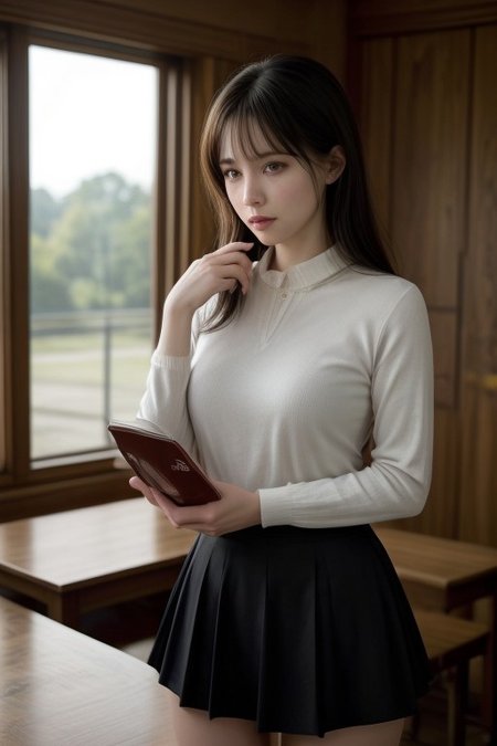 detailxl Photograph Taken on Nikon D750, 8K, athletic figure, Hyperdetailed, hyperrealism, Attractive, Attractive bust girl, asymmetric balance, 
embedding:urn:air:sd1:embedding:civitai:222256@250708, embedding:urn:air:sd1:embedding:civitai:222256@250708, score_9, score_8_up, score_7_up, score_6_up, score_5_up, score_4_up, ,masterpiece, perfect face, perfect eyes,hogwarts,library, natural light 1girl,Hermione Grainger, detailed faces,inocent girl, holding books,shy face, (Gryffindor school oufit,skirt :1.1)),locking at viewer , negative_hand,Akaburstyle