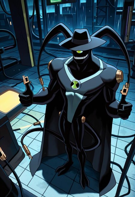 masterpiece, best quality, amazing quality, very aesthetic, absurdres, newest
feedback, solo, smile, , tail, 1boy, no humans, green eye, single eye, , digimon (creature), black skin, , alien, , , cables, , 
fedora, black cloak, from angle, taking down sunglasses, finger guns, factory, dark night, rainy night,