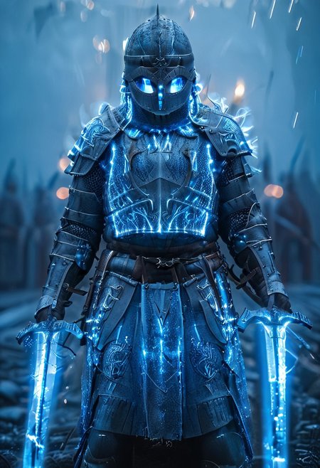 1man, armored Viking warrior in lamellar armor, wearing Viking helmet and lamellar armor, broken glass, reflection, glowing blue lightning, Dual Swords, Viking sword, blue flames, shatter, holding sword, glowing sword, motion blur, emphasis line, outdoor in the darkness, looking at viewer,
