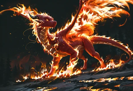 watercolor, lldn, detailed drawing, masterpiece, best quality, good quality, newest, highres, cinematic, volume light, dutch angle, dragon, full body, limited palette, black background, vibrant, glowing outline, neon, blacklight, fire, serious, scenery, nature