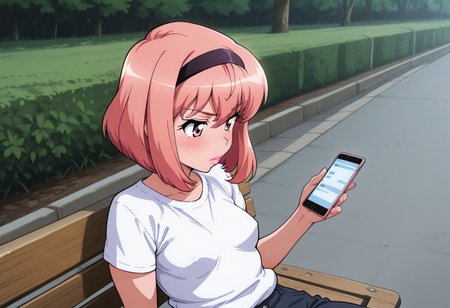 masterpiece, high quality, highres, (upper body:1.5), outdoors, road, sidewalk, modern, (from side:0.5) 1female, solo, POV, louise francoise le blanc de la valliere, (bob cut:1.5), pink hair, pink eyes, tiny breasts, (wide hips:1.1), plump thighs, (big butt:1.1), bored expression, sitting on bench, holding smart phone, looking at phone, white t shirt, baggy jeans, sneakers, headband, pink lips, bimbo lips.