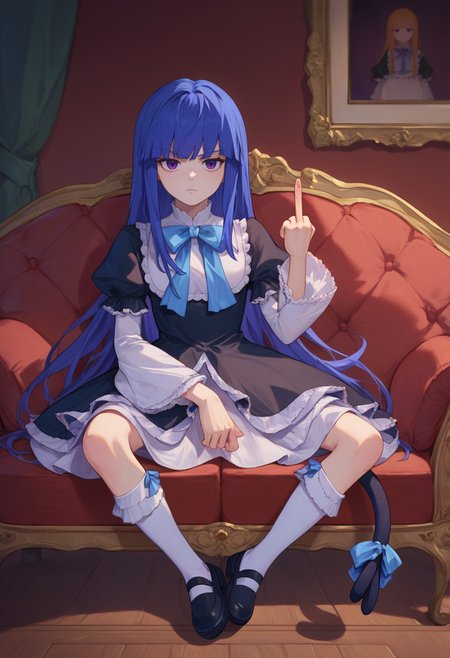 score_9, score_8_up, score_7_up,    <lora:BernPXL-000013:1> frederica bernkastel, long hair, blue hair, purple eyes, frederica bernkastel, long hair, blue hair, purple eyes, black dress, frills, blue bow, white socks, mary janes, sitting, couch, middle finger, spread legs, cat tail,