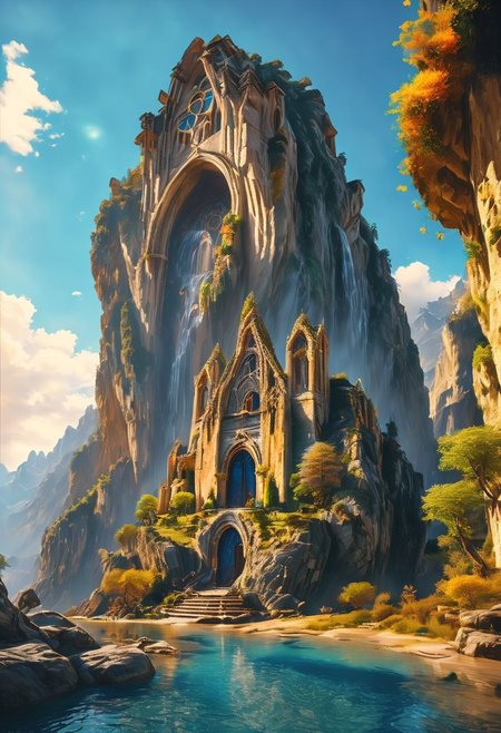 hyperdetailed,vibrant color,amazing quality, masterpiece, best quality, hyper detailed, ultra realistic lighting, UHD, high Dynamic, alluring, intricate details,OverallDetail,hyperkraximalism,epiCPhoto,The Lord of the Rings style,
a cathedral carved inside mountains, troglodyte building