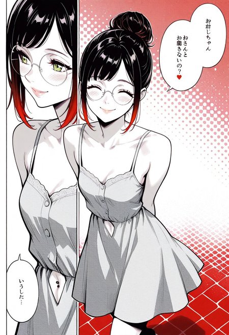 masterpiece, best quality, 32k, high resolution, absurdres, HD32k, masterpiece, extremely detailed,Patty, PattyRH, black hair, hair bun, gradient hair(red-black), green eyes, big round eyeglasses, small breasts, slim, pierced navel, pale skin,dynamic pose, solo, looking at viewer,  intimate, candid, elegant, close up,sundress, cute pattern sundress, walking, hands behind back, looking away, outdoors, little smile, closeup, lips closeup ,posing cute, shy, blush, high angle view, dowblouse, explicit insets, comic book panels, manga, speech bubbles, Japanese text, multiple angles, (red theme), monochrome, halftone, high contrast, side view, front view, happy , closed eyes