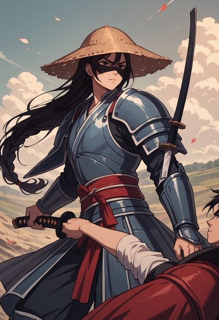 score_9, score_8_up, score_7_up, strawhat, conical hat, 1boy, a heavily armored samurai with shoulder armor and a straw hat, holding a giant katana sword in both hands, ready to fight, asian, long hair, low braid, roninwarriors,  samurai facemask, (monolid:1.3),