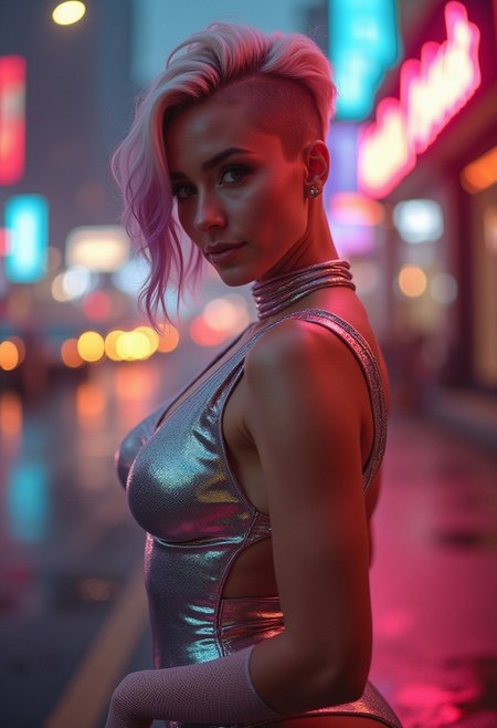 A stunning, confident 40-year-old woman with an elegant yet bold appearance, posed against the backdrop of a futuristic city at dusk. She has luxurious, multi-colored short hair with a side-shaved cut, exuding sophistication and charisma. Dressed in a fitted, stylish iridescent metallic leotard with subtle fishnet details, her outfit includes matching fishnet gloves and a choker that glow gently under neon lights. Her expression radiates self-assurance as she strikes a poised, arching-back pose, highlighting her strength and presence. The warm summer ambiance enhances the vibrant cityscape, with neon accents adding depth and allure to the scene. High-resolution, realistic photo with detailed lighting and textures