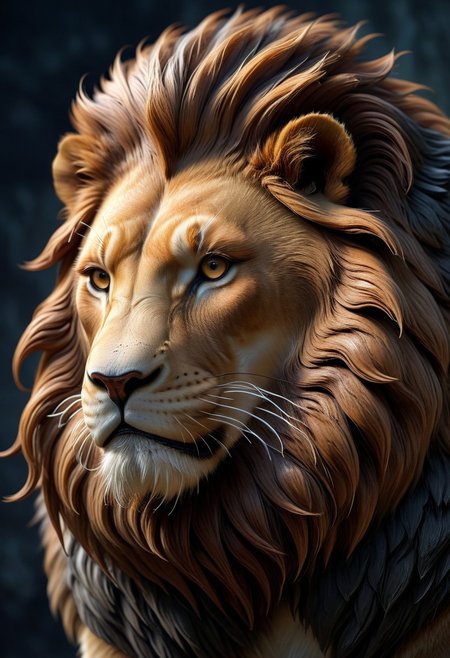 3D render of a majestic lion sculpture, hyper-realistic, intricately detailed fur, powerful stance, dramatic lighting, by Robert Kondo and Paul Komoda, high resolution, polished marble texture, museum quality display, showcasing strength and grace, with a naturalistic background. 
3d-rendering, concept-art, digital, dreaminess, futuristic, multimedia, sculpture, virtual-reality
concept-art, awesome full color, fantasy, epic, majestic, magical, dreamy, perspective, light and shadow, moody, epic, 
beautiful, painterly, aesthetic, textural, vivid, vibrant, intricate details, highly detailed, ultra-detailed, absurdres, 
aidmamj6.1, WhiteMold