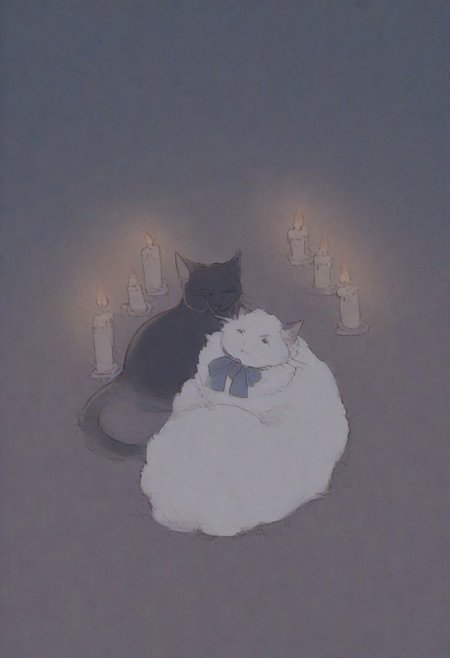 thermal, bright colors, cats, Black cat, white fluffy cat, beautiful background, night, candles, hearts, looking at each other, bow on the neck, easynegative