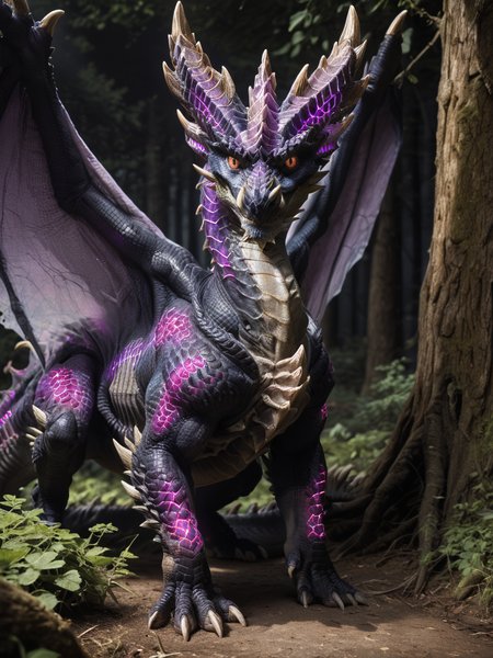 <lora:MH_Alatreon_a1_16_PonyXL:.8>, score_9,score_8_up,score_7_up, nature photography, (Close up, extreme closeup, extreme portrait:1.2),  high angle, front, 
alatreon,feral,(glowing purple:1.4),by smewed,(by claweddrip:0.5),solo,hi res,detailed background,forest, looking at viewer,extreme detail
,detailed eyes,tail,red sclera,yellow eyes,wings,hands on ground,
(dark background:0.8), (dark_lighting:1.8),  hardlight , bloom, translucent, subsurface scattering, sharp hyper detailed, (shiny glass skin:1.2), (ultra-detailed scales:1.1), glowing, <lora:RM_Enhancer_v1.0_bf16:.1> <lora:p:.2> <lora:Add_More_details_SD3:.5>