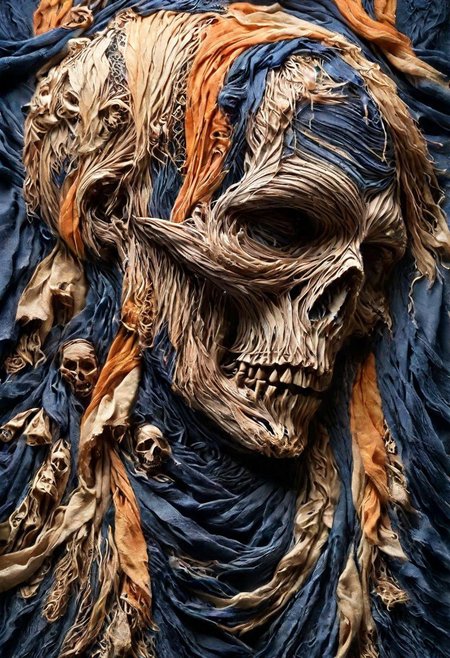 RAW closeup photo, skull, macro shot,( dark blue, orange, gold,  embroidery scarf), masterpiece, colorful details, gold threads embroideries, award winning, high detailed, 8k, natural lighting, analog film, amazing composition, intricate details, subsurface scattering, vellus gold hairs, amazing textures, soft light