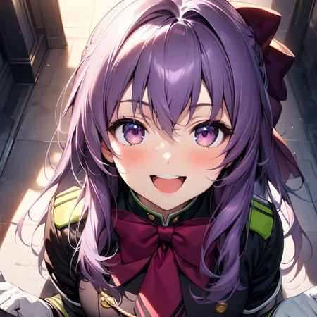 (masterpiece),(best quality),(ultra-detailed),(best illustration),(best shadow),(absurdres),(detailed background),(very aesthetic),  hiiragi_shinoa, 1girl, solo, purple hair, gloves, open mouth, bow, uniform, white gloves, smile, long hair, military uniform, military, hair bow, purple eyes, looking at viewer, smile, <lora:Shinoa:1>