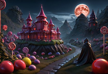 ((masterpiece)), ((best quality)), ultra-detailed, photorealistic, a girl sitting on a cliff, wearing a dark cape, gazing at a distant gothic grim castle, night time, large red moon illuminating the scene, dark medieval fantasy tone, desolate and lovecraftian landscape, eerie atmosphere, dramatic lighting, misty valleys, magic in the air, tragic and fantastical vibe, shadows cast over the land, intricate textures, high resolution, haunting beauty, cinematic composition.castle, dark, chiaroscuro, low-key, DarkFantasy, Dark Fantasy page,castle, Candy, Land, Candy Land, Candy, Candy shapes