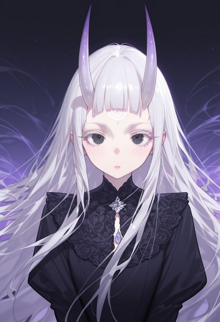 very awa, masterpiece, good aesthetic, best quality, absurdres,  hyper details, beautiful, gorgeous, very awa, masterpiece, good aesthetic, best quality, absurdres, looking at viewer, 
Realistic Hentai Style, realistic clothing, detailed clothing, ultra HD clothing, hyper realistic clothing, 
bushy eyelashes, thick eyelashes, long eyelashes, blushing, beauty mark, glossy lips, glittery eyeliner, 
White hair, very long hair, blunt bangs, bushy sidelocks, white eyelashes,extremely long wavy, graceful flowing hair, pale white skin, refined glossy pink makeup, glittery skin, gorgeous, forehead horns, horns on forehead, spiral horns, dark piercing black eyes,
Light purple hair gradient , light people hair shadow
black dress