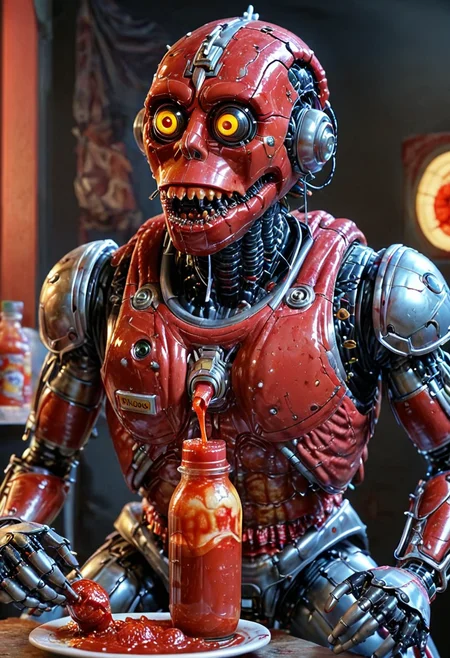 masterpiece, 4k, intricate details, highly-detailed, hyper-realistic. best lighting, horror theme,
bm0v13 Colorful robot trying to drink from a ketchup bottle ,
 <lora:bmovie-horror-SDXL:1.3>