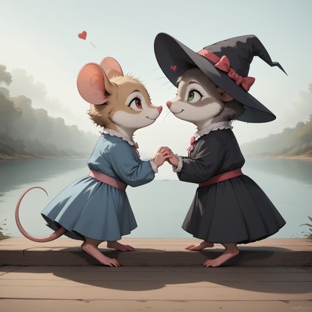 score_9, score_8_up, score_7_up, score_6_up, 
m0use_goldie, 2girls, duo, hearts, roses, 1 girl,
(white frilly shirt, blue skirt, grey fur, green eyes), (mouse tail), (cute:1), (feral:1.5), sitting, outdoors, (lake, water:1.3), side view, pier, (haze:2), looking back, feet in the water, 1 girl, brown fur, fluffy fur, brown body, red eyes, mouse ears, black robe, holding hands, cute, romantic, witch hat, pink bow, ears through hat