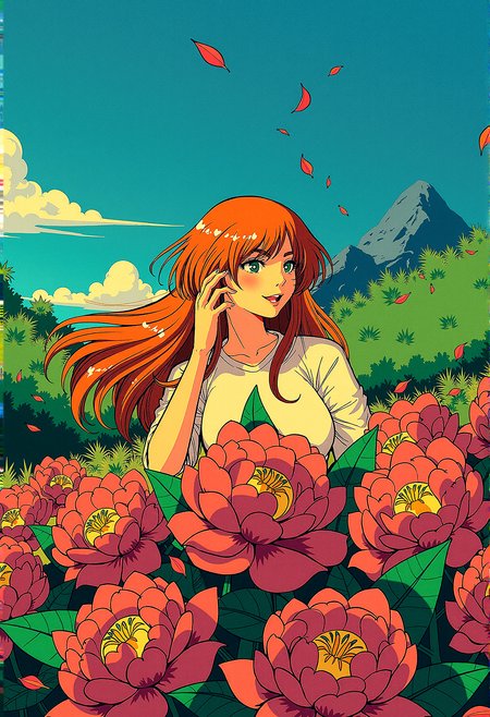 msdh, frosted animation,
retro anime, anime screencap of a ginger woman on a hill covered in glowing flowers, with exotic vegetation swaying in the strong wind. Her long hair flows in the breeze, while petals and leaves are scattered around her. The noon sun bathes the scene in bright light, highlighting the intricate details and vibrant colors. The image captures extreme realism with a sharp, wide-angle view in high-resolution HDR, with no depth of field.

Light catching in the strands of the woman’s hair, making it appear more dynamic and alive. subtle color gradients across the scene, blending the colors of the sky, flowers, and vegetation more harmoniously.subtle reflections on any shiny surfaces, such as wet leaves or the woman’s eyes, to enhance the realism and detail.Intensify the vibrancy of the vegetation by adding more lush, green foliage around the flowers.a shimmering lake in the distance, reflecting the colors of the sky and adding a serene element.a faint, distant mountain peaks to add depth to the background and enhance the sense of scale.

close up face, 
She lightly touches her cheek with one hand, her head tilted slightly in a delicate, feminine gesture.
