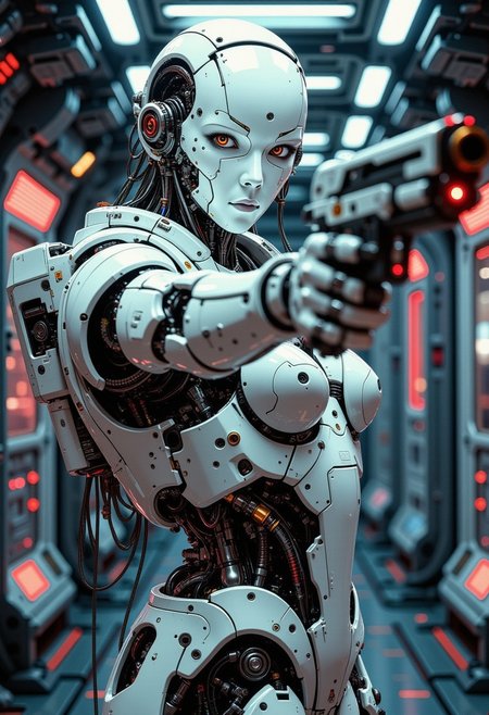 A digital artwork in the style of cknc,  in the style of ck-ncr, high-end cyborg female battle robot, white ceramic material, full ceramic white head with mechanical parts visible inside, looking at viewer, mechanical eyes, aiming blaster gun at viewer, dimly illuminated cyberpunk corridor, neo, bokeh