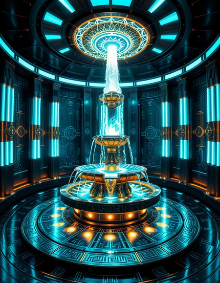The center of a high-tech, alien temple-laboratory, where dark metallic walls shimmer under the glow of cyan vertical light tubes and faint sacred runes. In the middle of the chamber lies an elaborate biomechanical fountain, rising like an altar from a circular platform of engraved metal. The fountain pulses with iridescent liquid light, flowing in gravity-defying streams that spiral upward before cascading back into a glowing basin etched with ritual patterns. Bioluminescent veins run through the structure, illuminating the surrounding floor like circuitry. Overhead, a radiant, halo-like design casts a celestial glow, enhancing the surreal, sanctified atmosphere. The space exudes a fusion of sacred ceremony and alien technology, as if the fountain were a source of divine power worshipped by another world.
<lora:high-tech_alien_temple_f0unt41n:1>,high-tech alien temple f0unt41n,<lora:SDXLFaeTastic2400:0.4> <lora:extremely_detailed:0.4> extremely detailed, Masterpiece,best quality,hi res,8k,hi res,8k,award winning,(sharp focus, intricate, highly detailed),
