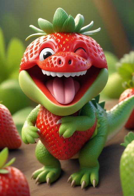 strawberry with dinosaur appearance, friendly, cute, sticks out her tongue and smiles, amused and pleased,, bright colors, intricate details, masterpiece, 4k, raw, friendly, cute, sticks out her tongue and smiles, amused and pleased, muppets style, bright colors, intricate details, masterpiece, 4k, raw,