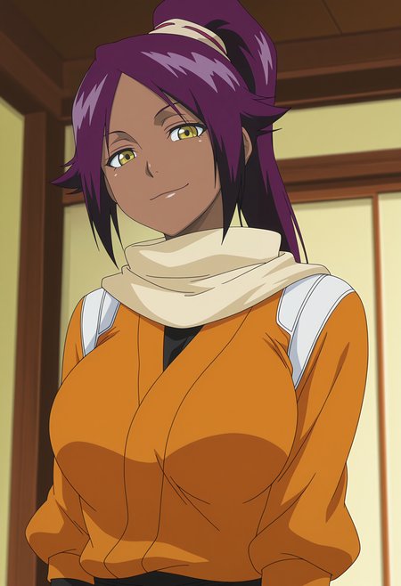 1girl,solo,mm,mature female,dark-skinned female,purple hair,yellow eyes,long hair,ponytail,large breasts,anime coloring,
orange jacket,scarf,upper body, looking at viewer, smile, indoors, 
,masterpiece,best quality,amazing quality,<lora:Yoruichi_Shihouin-Bleach:0.8>