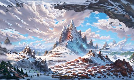 <lora:ConceptScene_B2:1>,a painting of a mountain scene with a couple of people on a hill overlooking the ocean and clouds in the sky