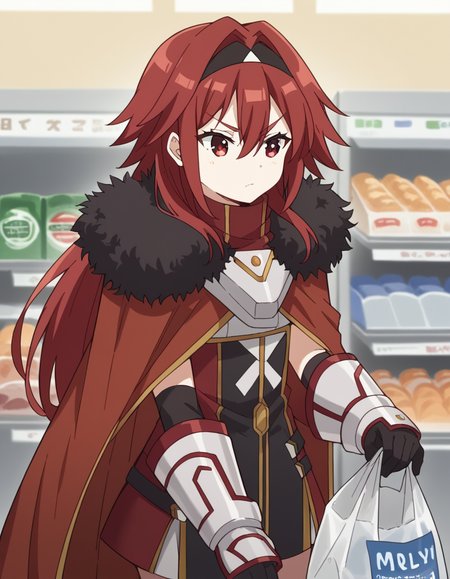 score_9, score_8_up, score_7_up, source_anime, <lora:bofuri-mii-s2-ponyxl-lora-nochekaiser:1>, mii, long hair, bangs, red eyes, hair between eyes, sidelocks, red hair, hairband, black hairband,, gloves, black gloves, cape, armor, fur trim, red cape,, grocery store, cashier, shopping bag, scanning items, small talk, everyday routine, , , hand on thigh, elbow bent, foot pointed, solo,, cowboy shot, dutch angle